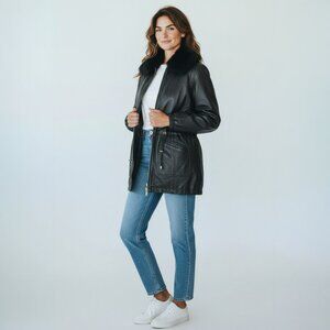 Vintage DAMSELLE New York Black Leather Jacket removable Fur Collar – Women’s M